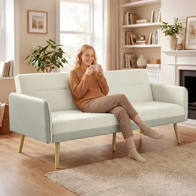 Zdjęcie produktu dla Sofa rozkładane 3 w 1 z regulowanym oparciem, obita welurem, wymiary: 185x84x83 cm, kolor beżowy