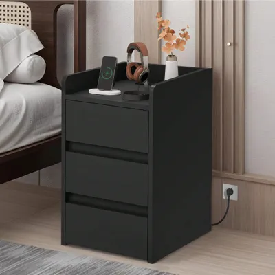 Produktbild von BALCONERA Nachttisch mit 3 Schubladen, Beistelltisch mit Ladestation, 2 USB-Anschlüssen und Steckdosen, Schwarz, 35x40x60cm