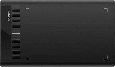 A top-down view of a black graphics tablet.