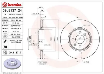 Produktbild von 2x BREMBO Bremsscheibe 09.8137.24 für RENAULT CLIO II (BB0/1/2_ CB0/1/2_) 44mm