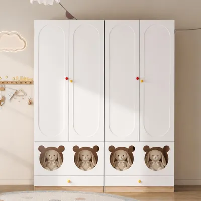 Produktbild von Kinderkleiderschrank mit zwei Türen, Kleiderstange und Schubladen, 80 x 50 x 200 cm, Weiß und Holzoptik