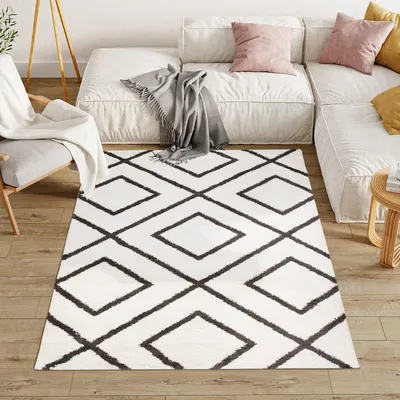 Produktbild von Teppich Wohnzimmer Schlafzimmer Modern Design Shaggy Hochflor Langflor Weich Schwarz Weiß 80 x 150 cm