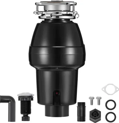 A garbage disposal unit and its accessories are displayed against a white background.