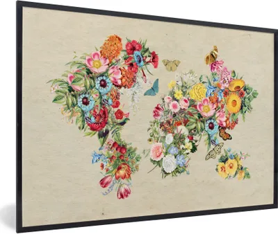 Produktbild von MuchoWow® Gerahmtes Poster Weltkarte - Blumen - Bastelpapier 30x20 cm - Poster mit Schwarzem Bilderrahmen Wandposter Rahmen Foto Bilder - Kunstdruck - Bild-Poster