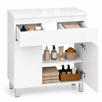 Produktbild von Waschbeckenunterschrank 80 Ariza Hängend oder Stehend Weiß Hochglanz Front Gästebad WC Toilette Schublade 2 Türen Kommode Regal Badmöbelset MDF, KI-generiertes Bild