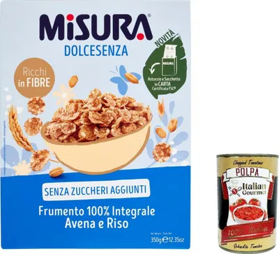 Produktbild von 12x Misura Cereali Integrali Fiocchi di Frumento Dolcesenza Vollkorn-Haferflocken und Reis ohne Zuckerzusatz, 350 g + Italian Gourmet polpa 400g