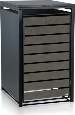 A dark gray trash can enclosure with a slatted door in a wood-like finish, shown against a white background.