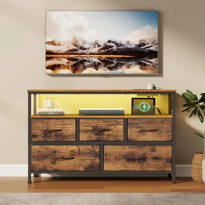 Produktbild von SONGMICS Kommode mit LED-Beleuchtung, Sideboard, Schubladenschrank für Wohnzimmer, mit Ladestation, 5 Schubladen, braun-schwarz