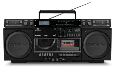 Produktbild von MEDION P66538 Kassettenrecorder (Retro Ghettoblaster mit CD-Player, 80er, groß, USB, SD, CD, Kassetten MC, DAB+ Radio Teleskopantenne, Bluetooth, Kassettendeck, Aufnahmefunktion, Batteriebetrieben) schwarz