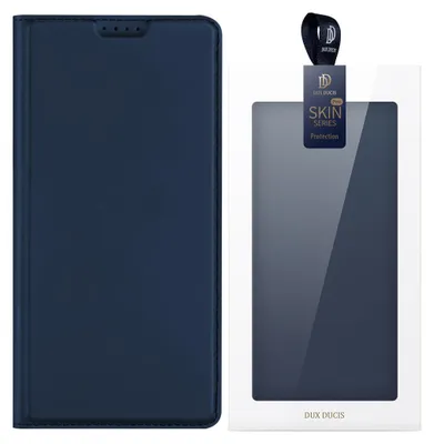 A dark blue flip case for a Samsung Galaxy S20 FE 5G phone is shown next to its packaging.