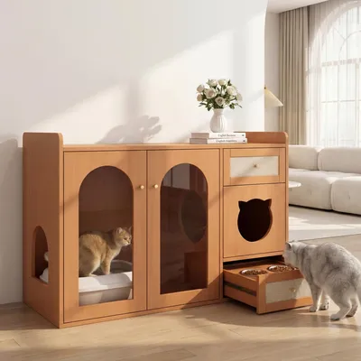 Obrázok produktu pre Klietka pre mačky – skrinka na mačací toaletu – 5 v 1 – s miskami na krmivo a odpočívacím priestorom – farba orecha – 120 x 45 x 83 cm