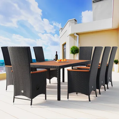 Produktbild von Casaria Poly Rattan Sitzgruppe Verona Premium 8 Gartenstühle Rückenlehne Neigbar 7cm Auflagen Tisch 190x90 cm Akazie Holz Set