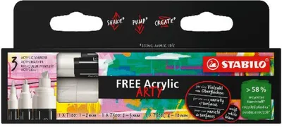 Image de Marqueur acrylique STABILO FREE Acrylic - set de 3 avec 3 pointes différentes - blanc