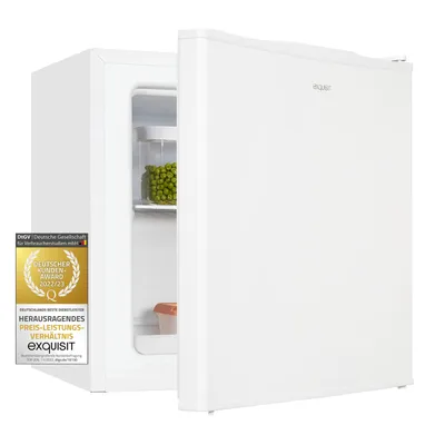A white Exquisit mini freezer with its door slightly ajar, revealing a shelf with a container of peas and a small brown container. A golden award badge is attached to the left side of the freezer.