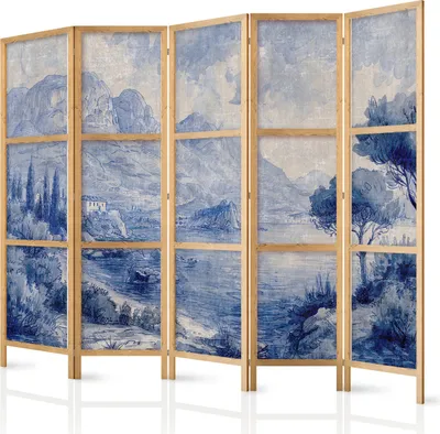 Obrázek produktu pro Japonský paraván Krajina 225x172 cm 5dílný šedý