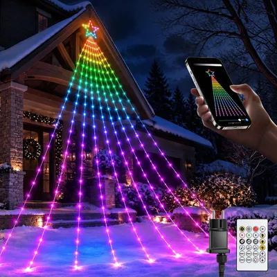 Image de Arbre de Noël "cascade" LED intelligent, contrôlable par application, avec 245 LED, idéal pour la décoration extérieure. Comprend un étoile décorative pour le sommet, 30 modes d'éclairage, un minuteur, des couleurs RGB, une télécommande et une protection IP44. Dimensions : 25 x 9. Contient également 20 étoiles décoratives