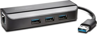 Produktbild von Kensington UA3000E USB 3.0-Ethernet-Adapter & 3 Port Hub – schwarz, Kabelgebunden, USB, Ethernet, 5000 Mbit/s, Schwarz