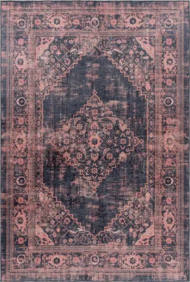 A top-down view of a rectangular rug with a distressed, vintage-inspired pattern.