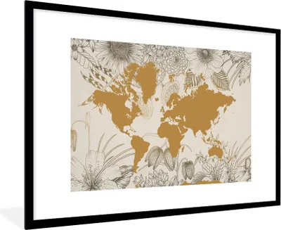 Produktbild von MuchoWow® MuchoWow® Gerahmtes Poster Weltkarte - Gold - Blumen 90x60 cm - Poster mit zchwarzem Bilderrahmen - Wanddekoration - Fotos