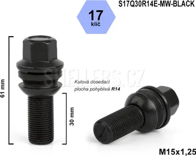 Obrázok produktu pre Skrutka M15x1,25x30 s guľôčkovou skrutkou R14, s pohyblivým čelom, kľúč 17, S17Q30R14E-MW-BLACK, čierna, výška 61 mm