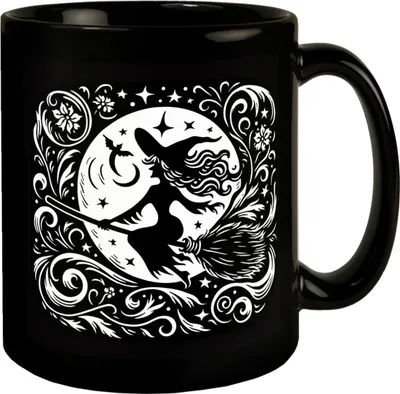 Produktbild von Hexe fliegt auf einem Besen im Mondschein Tasse schwarz in Schwarz