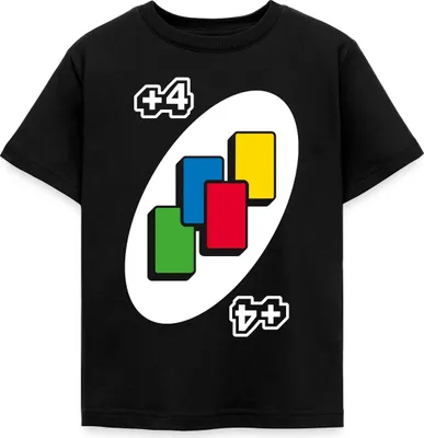 Produktbild von Spreadshirt UNO +4 Design Vier-Ziehen-Karte Kinder T-Shirt, 122/128 (7-8 Jahre), Schwarz