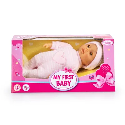 Produktbild von My First Baby Bayer Design 92802AT 28cm, Babypuppe, Weichkörperpuppe mit Schlafaugen, sehr handlich, niedliches Outfit, rosa mit herz