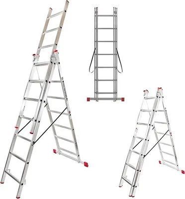 Imagen del producto de Escalera multiusos 3x7, escalera versátil, con 3 escalones por larguero, escalera combinada de aluminio de 3 secciones, con capacidad de carga de hasta 150 kg, altura de trabajo máxima de 4,3 metros, escalera plegable, escalera multifuncional, escalera de caballete, color plateado/rojo