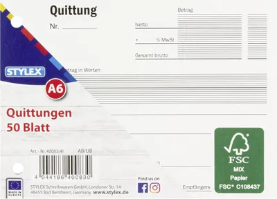 Produktbild von Stylex 40083 Quittungen, DIN A6, 50 Blatt,