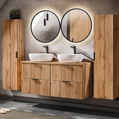 Produktbild von Badmöbel Set mit 121cm Waschtisch ADELAIDE-56 Wotaneiche Rillenoptik, B/H/T ca. 170/200/46,5 cm