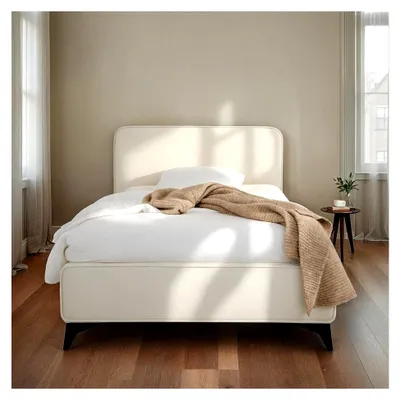 Produktbild von Polsterbett LAVORO Einzelbett 90x200, cremeweiß - Bett mit Lattenrost und Samtstoffbezug, Bettgestell mit gepolstertem Kopfteil, modernes Design, robuster Holzrahmen und Metallbeine