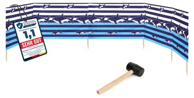 Produktbild von Garronda Strand Windschutz Sichtschutz 6m lang plus Gummihammer GAEX001 (Streifen/Haie, 6 m)