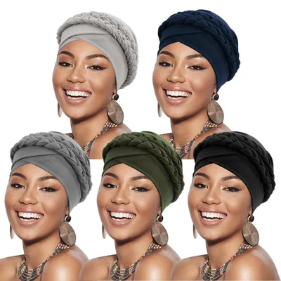 Produktbild von Damen Turban 5 Stück Geflecht Kopfbedeckung Chemo Kappe Vorgebunden Beanie Mütze Kopfwickel Schlafmütze Baumwolle Polyester Elasthan