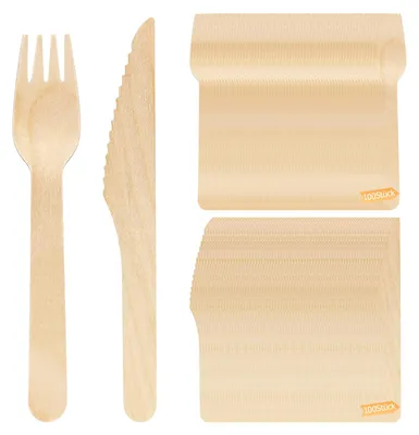 Produktbild von Holzbesteck Set - 200-teilig mit 100 Gabeln und 100 Messern - Wiederverwendbares Besteck für Camping und Picknick