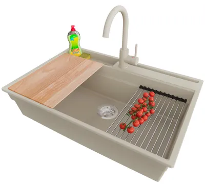 Produktbild von PRIMAGRAN Granitspüle Beige 78x53cm, Spülbecken 1 Becken + Ablauf-Set + Küchenzubehörset, Küchenspüle ab 80er Unterschrank - Oslo Pocket