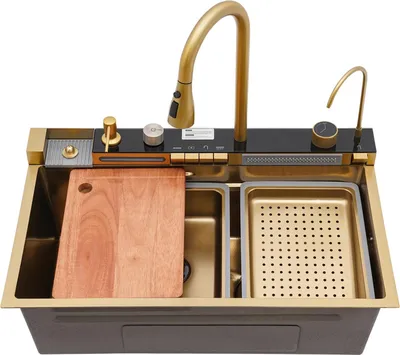Produktbild von Küchenspüle Set - Spülbecken mit Armatur - Einzelbecken - 75×46×22 cm - Edelstahl - Digitale Temperaturanzeige - Wasserfall-Armatur, ausziehbar 60 cm - Gold