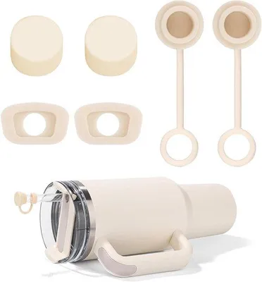 Obrázek produktu pro Silikonová sada na pití se zátkou a těsnicím kroužkem – příslušenství k hrnkům – kompatibilní s hrnky Stanley Cup – 20/30/40 oz – krémová barva – odolná proti moři