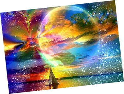 A vibrant, abstract depiction of a planet in space with a sailboat on the water.
