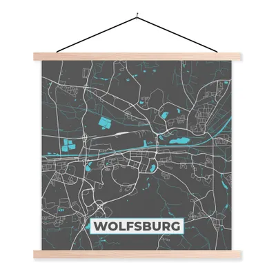 Produktbild von MuchoWow® Textilposter Blau - Deutschland - Karte - Stadtplan - Wolfsburg 40x40 cm mit holzfarbenen Rahmen - Posterleiste