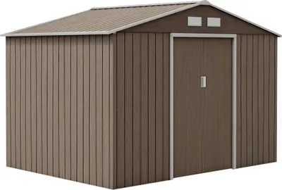 Zdjęcie produktu dla Domek ogrodowy Outsunny 4,9 m², z dachem dwuspadowym, drzwiami przesuwnymi, fundamentem, 277 x 195 x 192 cm, ocynkowany stalowy domek narzędziowy, odporny na warunki atmosferyczne, do ogrodu, brązowy