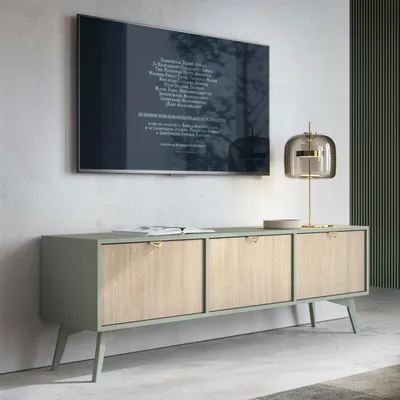 Produktbild von Komodee, TV-Schränk Tofino - Eiche - Grün - Metallgriffe - Holzbeine - Breite 158 cm, Höhe 52 cm, Tiefe 38 cm