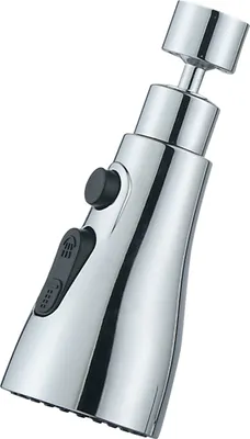 A close-up studio shot of a chrome faucet sprayer head against a white background.