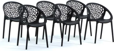 Immagine prodotto di Set di 6 sedie impilabili in resina rinforzata con fibra di vetro per esterni, giardini, bar e ristoranti - design moderno ispirato alla natura - AMBRA - Nero