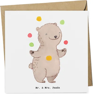 Produktbild von Mr. & Mrs. Panda Glückwunschkarte Bär Jonglieren - Weiß - Geschenk, anlasskarte, Zirkus, doppelkarte, Grußkarte, faltkarte, Artistik, Klappkarte, Jongleur