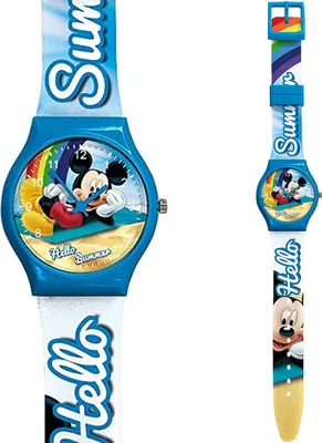 A product image showing a Mickey Mouse watch, with a close-up of the watch face and a full view of the watch laid out.