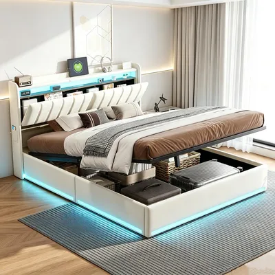 Zdjęcie produktu dla Łóżko platformowe INONEFT 140x190 z podświetleniem LED i portami USB, łóżko tapicerowane z pojemnikiem na pościel, podnoszone hydraulicznie, obite welurem, kolor beżowy.