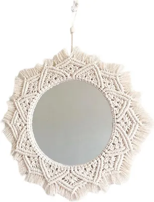 Obrázek produktu pro Makramé nástěnné zrcadlo – kulaté zrcadlo (průměr 38 cm) s makramé třásněmi, dekorativní boho závěsné zrcadlo, nástěnná dekorace do bytu, ložnice, obývacího pokoje, dětského pokoje