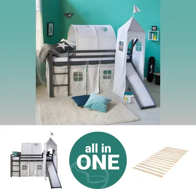 Produktbild von Homestyle4u Kinder Hochbett 90x200grau mit Lattenrost Rutsche Turm Vorhang