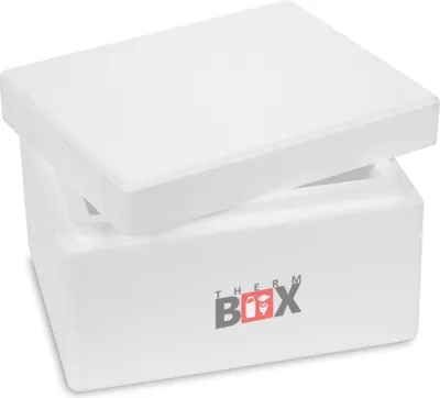 A white styrofoam insulated box with its lid slightly ajar, resting on a white surface.