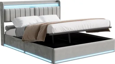 Image de Lit rembourré avec rangement - Lit double 140 x 200 cm - Système de levage hydraulique - Revêtement en velours - Tête de lit avec éclairage LED - Port de recharge USB - Gris